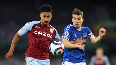 Aston Villa's Ollie Watkins in action with Everton's Seamus Coleman. Reuters