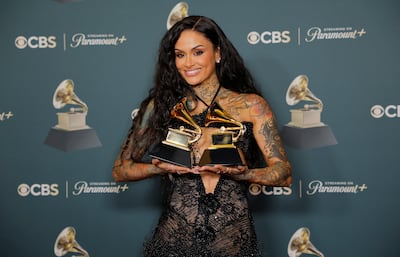 Kehlani poses with the Best R&B Song and Best R&B Performance awards. Reuters