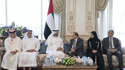 Sheikh Mohamed bin Zayed receives Sultan Al Burkani, Speaker of the Yemeni Parliament (4th L), during a Sea Palace barza. Seen with Sheikh Mansour bin Zayed, Deputy Prime Minister and Minister of Presidential Affairs, Sheikh Saif bin Zayed, Deputy Prime Minister and Minister of Interior, Dr Amal Al Qubaisi, Speaker of the Federal National Council, and Fahad Al Menhali, Ambassador of Yemen to the UAE (R). Hamad Al Kaabi / Ministry of Presidential Affairs