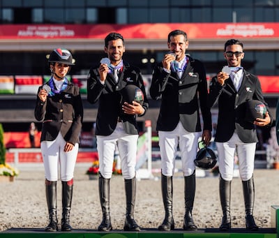 Sheikha Latifah bint Ahmed Al Maktoum, Humaid Abdulla Khalifa Al Muhairi, Abdullah Humaid Al Muhairi and Omar Abdul Aziz Al Marzooqi show off their silver medals. Photo: UAEOC