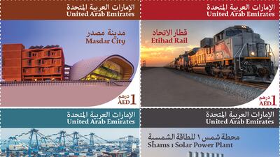 Emirates Post has issued a set of commemorative stamps on key strategic projects of President Sheikh Khalifa. The stamps showcase four major projects of the UAE: Etihad Rail, Masdar City, Shams 1 Solar Power Plant and Khalifa Port. Courtesy Emirates Post Group
