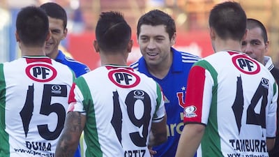 Deportivo Palestino, a first division football club in Chile, have been barred from using shirts with the number '1' in the shape of a map of Palestine. Claudio Reyes / AFP