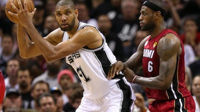 Tim Duncan, left, of the San Antonio Spurs could possibly meet LeBron James of the Miami Heat in the NBA Finals, which would be a rematch from last year's final series which the Heat won. Mike Ehrmann/Getty Images
