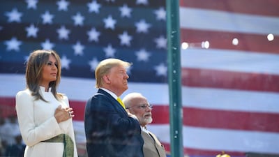 US President Donald Trump, First Lady Melania Trump and India's Prime Minister Narendra Modi attend 'Namaste Trump' rally at Sardar Patel Stadium. AFP