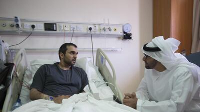 Sheikh Mohammed visits Abu Dhabi Sport TV channel presenter Tareq Al Hammadi, in Sheikh Khalifa Medical City hospital. Christopher Pike / Crown Prince Court — Abu Dhabi