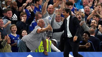 Antonio Conte, manager of Chelsea, celebrates the goal scored by Diego Costa of Chelsea during the Premier League match between Chelsea and West Ham United at Stamford Bridge on August 15, 2016 in London, England. Mike Hewitt / Getty Images