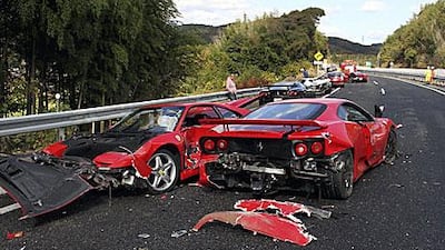 Two of the Ferraris involved in the car accident in Japan. Some 14 cars were enroute to an event near Hiroshima when the owner of one of the Ferraris collided with the central reservation and caused the accident.