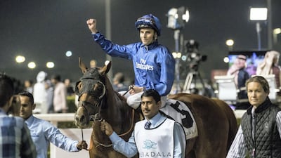 William Buick on-board Comicas won the Group 3 Dubawi Stakes in the Dubai World Cup Carnival’s second meeting at Meydan on Thursday. Antonie Robertson/The National