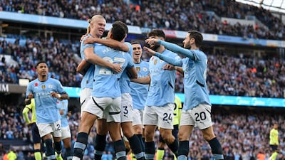 Erling Haaland celebrates with teammates after scoring Manchester City's winner in the 1-0 Premier League victory against Southampton. Getty Images