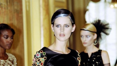 Stella Tennant wearing a dress by Karl Lagerfeld for Chanel as part of the 1996 winter haute couture show, Paris July 9, 1996 in Paris. AFP