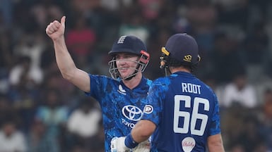 England captain Harry Brook celebrates his century in the third ODI against Sri Lanka in Colombo. Getty Images