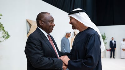 President Sheikh Mohamed greets Cyril Ramaphosa, President of South Africa, before a meeting and the opening ceremony of Abu Dhabi Sustainability Week, at Abu Dhabi National Exhibition Centre. All photos: UAE Presidential Court