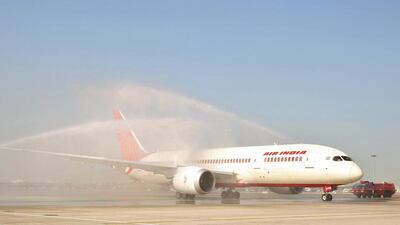 The flight arrives at Dubai International Airport with a water cannon salute. Courtesy Dubai Airports