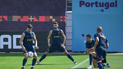 Ruben Dias, Bruno Fernandes, Cristiano Ronaldo, and Pepe take part in a training session. AFP