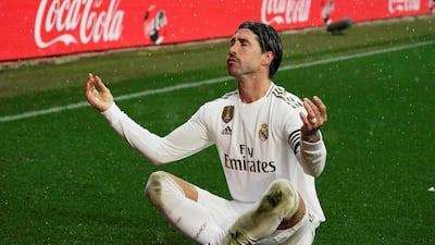 Real Madrid's Sergio Ramos celebrates scoring their first goal. Reuters
