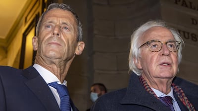 Billionaire Beny Steinmetz (left) leaves court with lawyer Marc Bonnant after the conviction. EPA