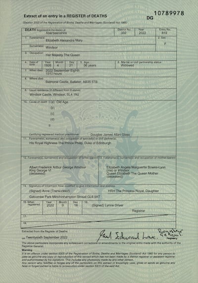 Queen Elizabeth II's death certificate. AP