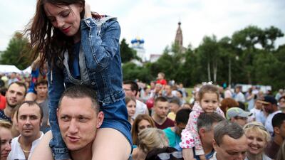 Villagers gather to celebrate Lionel Messi's 31st birthday in Bronnitsy, Russia. Getty