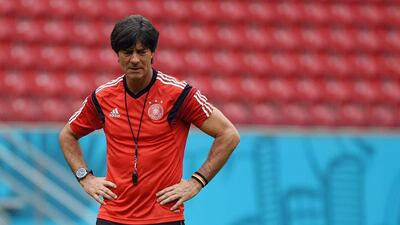 Germany coach Joachim Loew oversees a training session in the Pernambuco Arena in Recife on June 25, 2014 at the 2014 Fifa World Cup. Patrik Stollarz / AFP