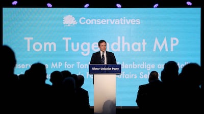 Tom Tugendhat speaking at the Ulster Unionist Party conference in Belfast in October last year. Getty