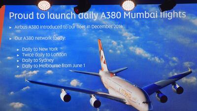 The official launch event of the airline's A380 services to Mumbai. Subhash Sharma for The National