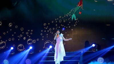 Singer Susan Egan on stage. For the concert, Broadway stars performed songs sung by Disney princesses Belle, Jasmine, Nala and Anastasia.