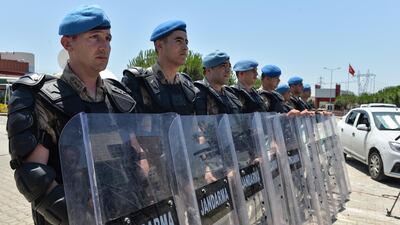 Turkish soldiers guard the Silivri courthouse near Istanbul where 16 alleged organisers of the 2013 Gezi Park protests went on trial on 24 June, 2019. EPA