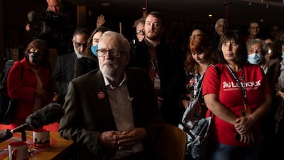 Former Labour leader Jeremy Corbyn takes part in a question and answer session with delegates during a fringe meeting in Brighton. Getty Images