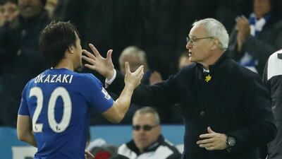 Leicester City manager Claudio Ranieri congratulates Shinji Okazaki as he is substituted. Action Images via Reuters / John Sibley