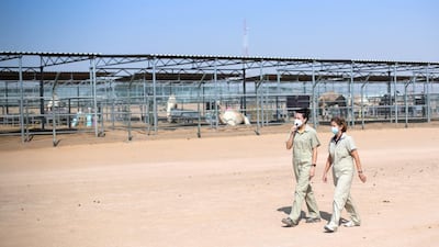Dr Lulu Skidmore, right, scientific director at the Camel Reproduction Centre, and Dr Clara Malo, senior scientist and head of andrology. Many thousands of calves have been born here through embryo transfer. Reem Mohammed / The National