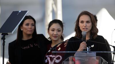 Actress Natalie Portman (R) is joined by Eva Longoria and Wu at a Women's March in Los Angeles. AP