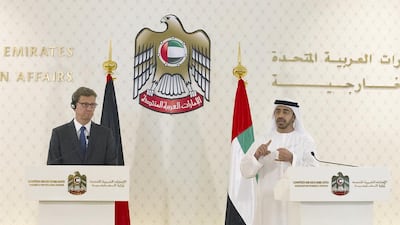 Sheikh Abdullah bin Zayed, Minister of Foreign Affairs, and Guido Westerwelle, the German foreign minister, discuss visa rules and relations between the countries in Abu Dhabi yesterday. Mona Al Marzooqi / The National