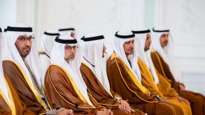 Suhail Al Mazrouei, Minister of Energy and Infrastructure, and Dr Sultan Al Jaber, Minister of Industry and Advanced Technology, group chief executive of Adnoc and chairman of Masdar, attend a memorandum of understanding exchange at the administrative building of the Special Representative Office during an official visit to Azerbaijan. Abdulla Al Bedwawi / UAE Presidential Court