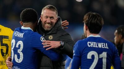 Chelsea manager Graham Potter celebrates after the end of the Champions League round of 16 against Borussia Dortmund at Stamford Bridge. AP