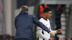 England's Jude Bellingham walks past coach Thomas Tuchel after being substituted during the World Cup qualifier against Albania. Getty Images