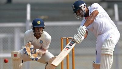 Samit Patel plays a shot during England's match against India A in Mumbai.