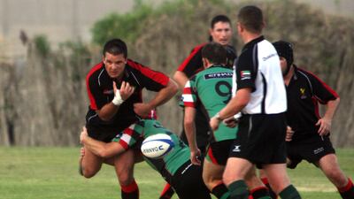 The tackling in the game between Abu Dhabi Saracens and the Abu Dhabi Harlequins was intense.