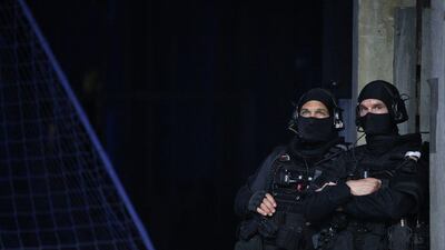 French riot police officers patrol inside the stadium before the start of the Uefa Euro 2016 group A preliminary round match between France and Romania at Stade de France in Saint-Denis, France, 10 June 2016. Yoan Valat / EPA