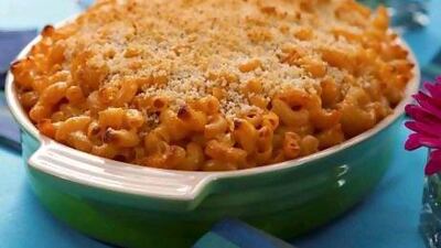 A dish of Thai red curry mac 'n' cheese, made by Aarti Sequeira, host of the cookery programme Aarti Party.