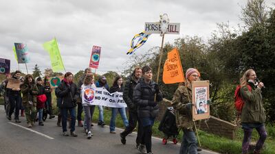 Environmental activists on a protest march to the planned site of four new oil wells at Horse Hill, near Gatwick Airport. Getty