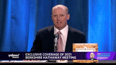 Screen grab from a video of Berkshire Hathaway's vice chairman Greg Abel speaking at Berkshire's annual meeting, held online last weekend. Reuters