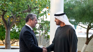 President Sheikh Mohamed greets Masrour Barzani, Prime Minister of Iraq's Kurdistan Region, at Qasr Al Shati. Photo: UAE Presidential Court