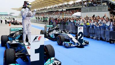 Malaysian Grand Prix, March 30. A pole-to-flag win for Hamilton. Rosberg was second, after starting third, in a first one-two for Mercedes since they returned to Formula One as a works team in 2010. Points: Rosberg 43, Hamilton 25. (Photo: Ed Jones / AFP)