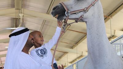Sultan bin Khalifa, adviser to the President, makes Khaled Al Menhali’s wish come true by offering him a pure-bred Arabian as a gift. Wam
