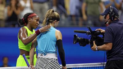 Coco Gauff greets Karolina Muchova after her win in the US Open semi-final. AFP