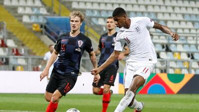 England's Marcus Rashford shoots at goal. Reuters