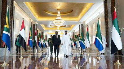 Sheikh Mohammed receives Mr Ramaphosa at the Presidential Airport. Courtesy Crown Prince Court - Abu Dhabi
