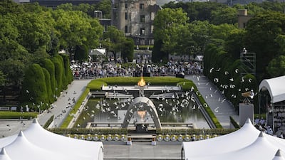 Pigeons released at Hiroshima Peace Memorial Park during the 79th Atomic Bombing Day anniversary in Hiroshima, western Japan, on August 6. Reuters