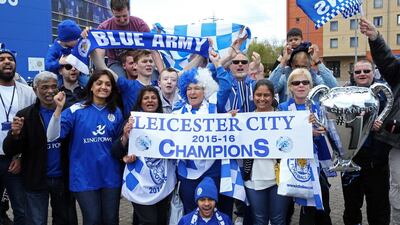 Leicester City fans celebrate winning the Premier League title outside the club's King Power Stadium. Matthew Childs / Action Images via Reuters