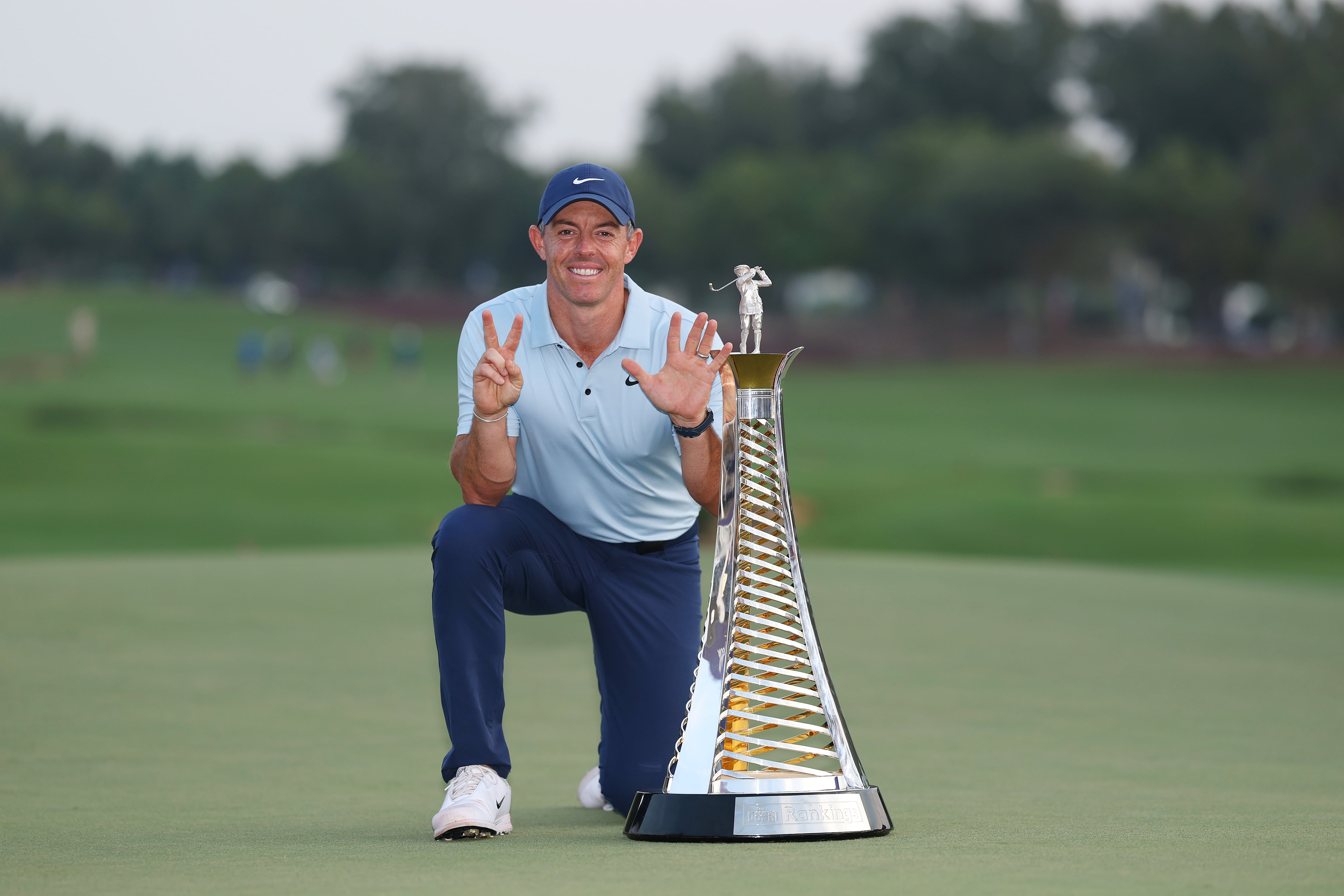 Rory McIlroy celebrates after winning his seventh Race to Dubai crown at Jumeirah Golf Estates on November 16, 2025. Getty Images